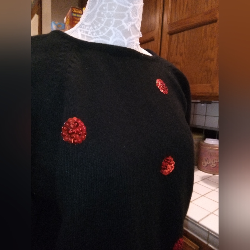 Lambswool, Elegant Black Sweater with Red Sequin Accents. (Vintage)